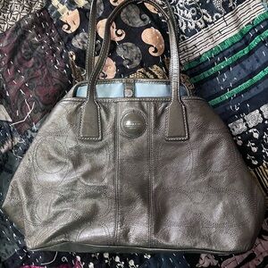Coach Metallic Green Leather Satchel with Light Blue lining